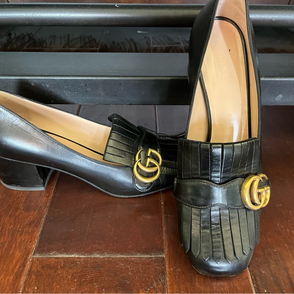 Gucci Black Leather Heeled Loafers